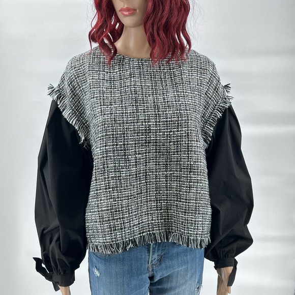 Strut & Bolt Tweed Balloon Sleeve Top Womens Large Black White Metallic - Picture 1 of 12